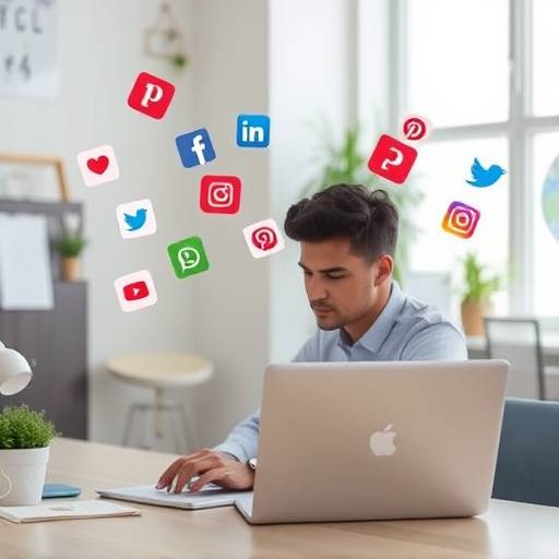 A person working on a laptop with social media icons floating around the screen, representing the Digital Marketing Mastery course.