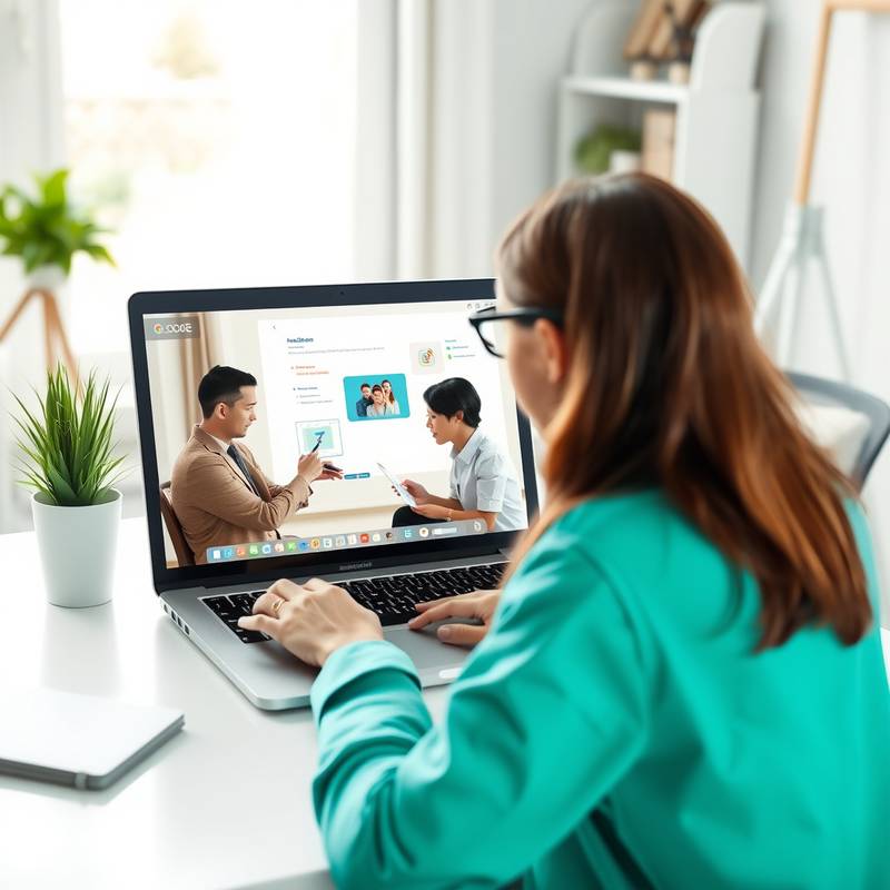 Montage of images related to elearning, including a laptop with a course displayed, a person studying at home, and a collaborative online whiteboard